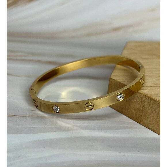 Lima Gold Tone Stainless Steel Crystal Bangle Bracelet - Hypoallergenic - Picture 1 of 3